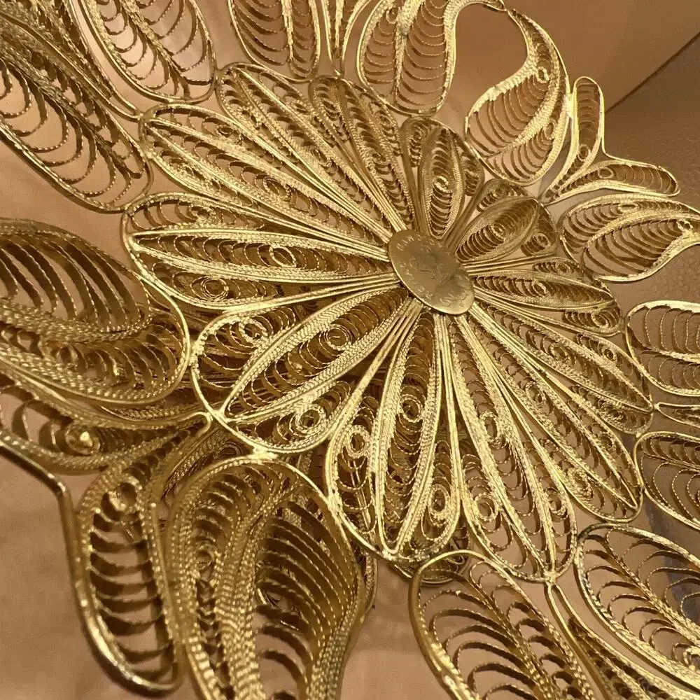 Vtg Gold Tone Peacock Filigree Islamic Ottoman Ronac Handicraft Tray Dish Decor